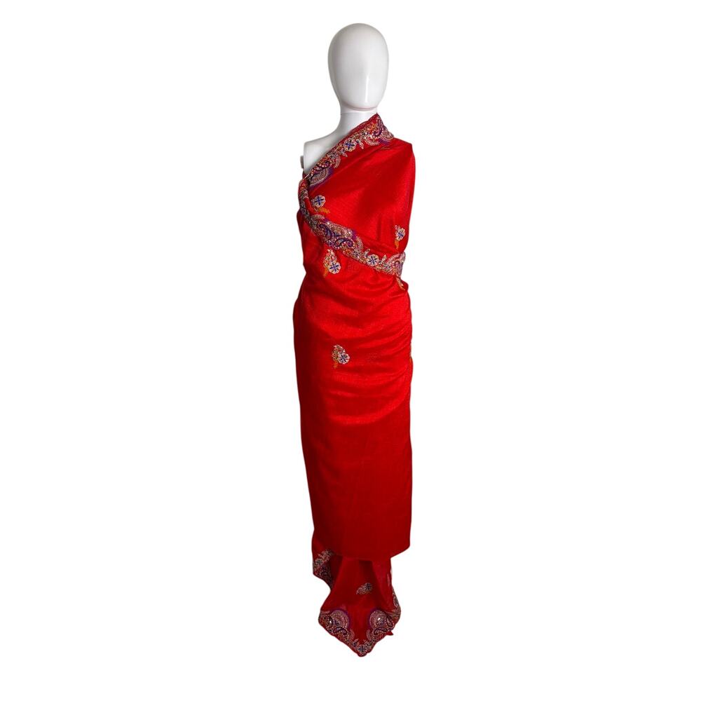 Vibrant Red Embroidered Saree Sari Gold Blue Scalloped Border Indian Traditiona